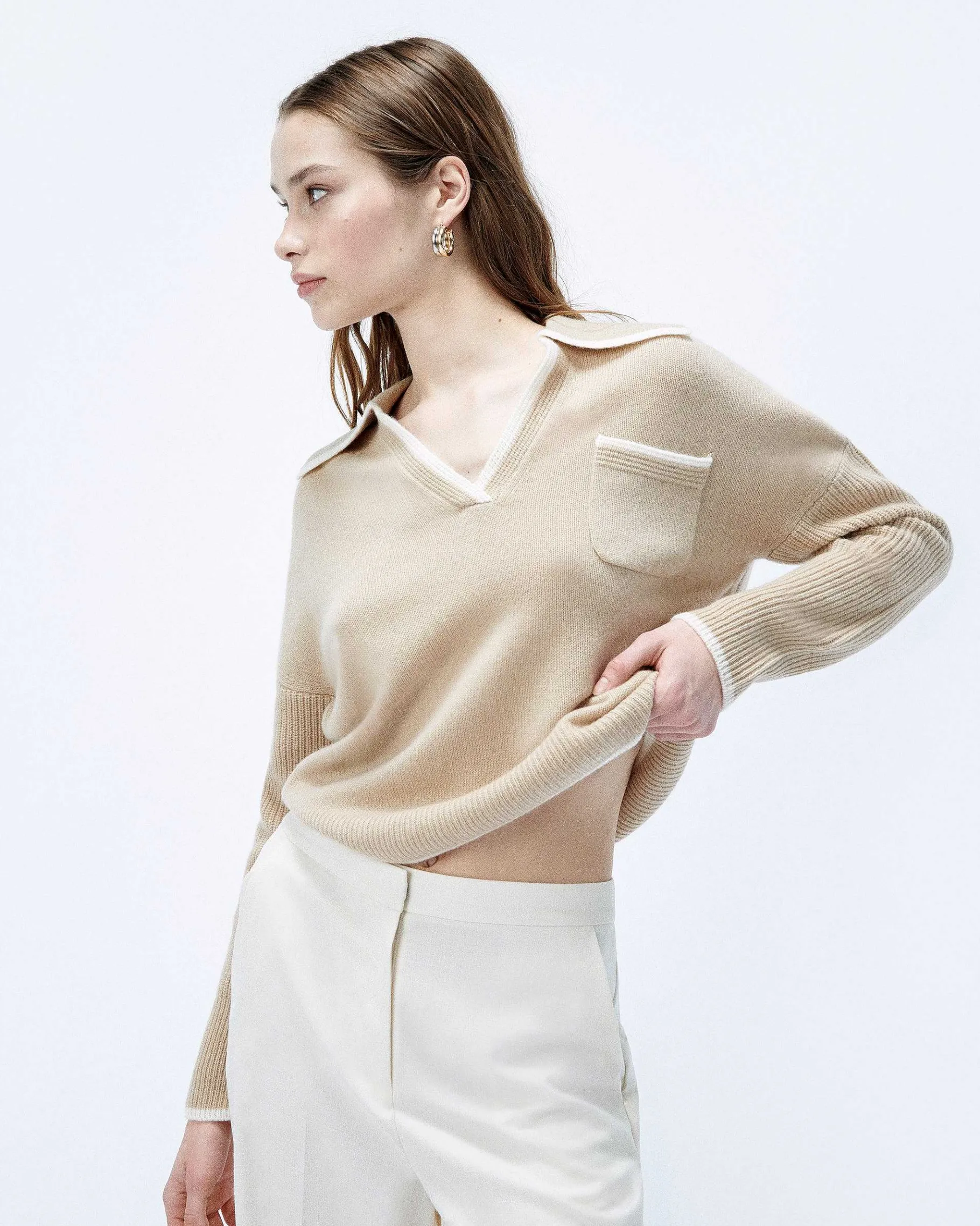 Sale FROM FUTURE Pull Col Polo Bicolore Beige