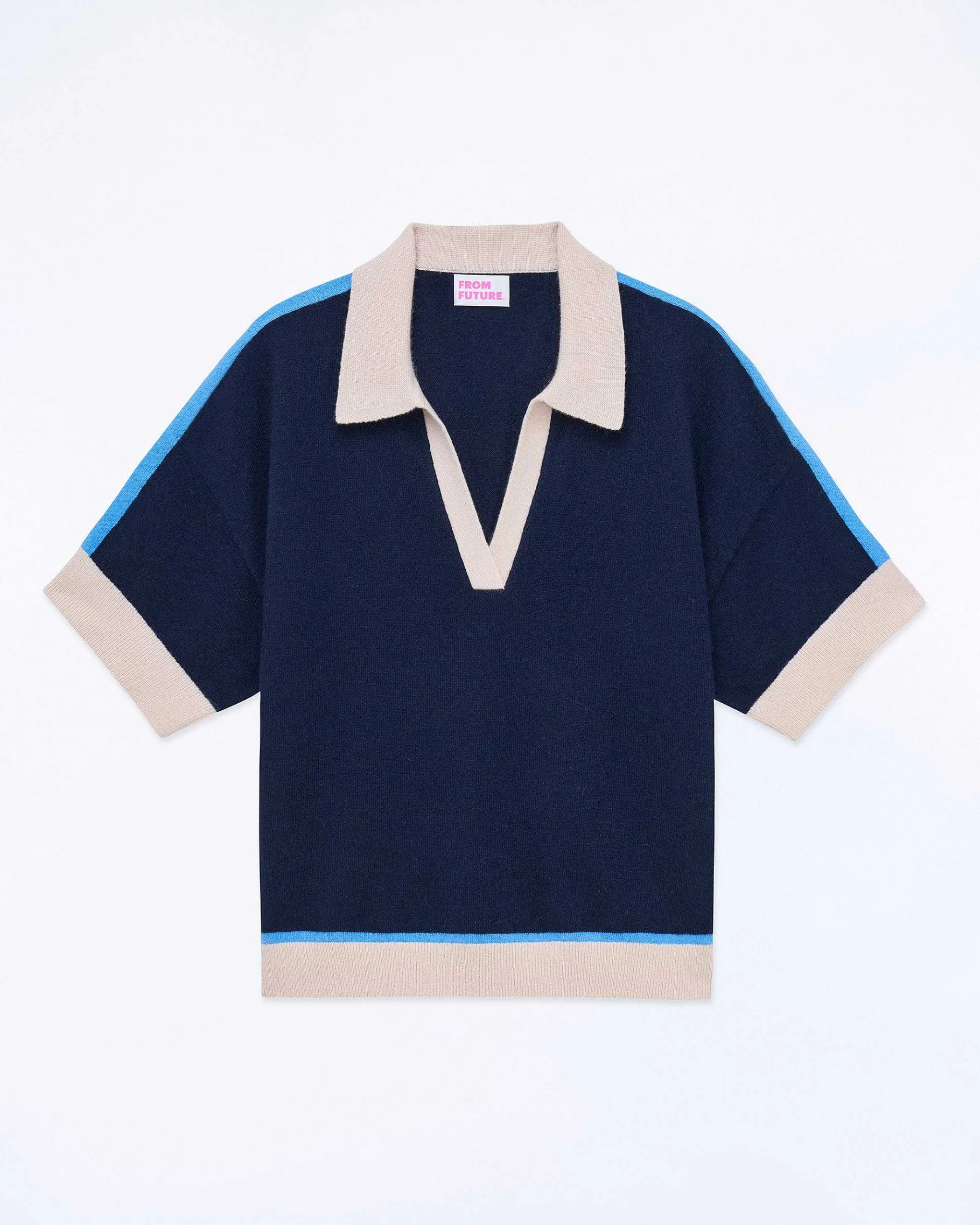 New FROM FUTURE Pull Col Polo Manches Courtes Navy
