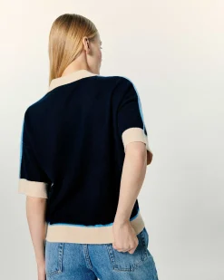 New FROM FUTURE Pull Col Polo Manches Courtes Navy