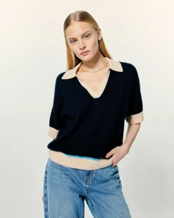 New FROM FUTURE Pull Col Polo Manches Courtes Navy