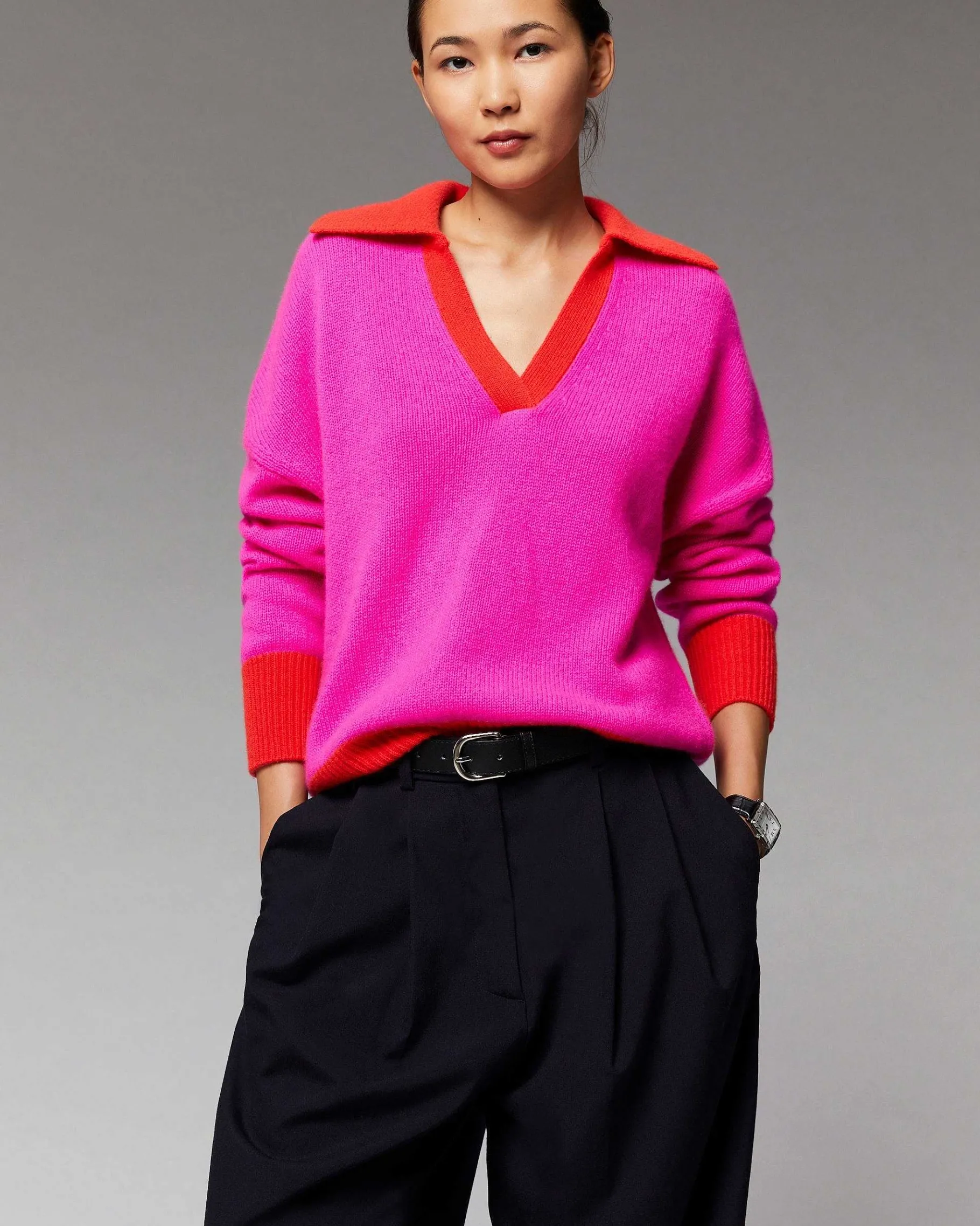 Sale FROM FUTURE Pull Col Polo Oversize Bicolore Gris Chine Fonce
