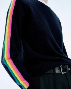 Online FROM FUTURE Pull Col Rond Bande Multicolore Aux Manches Tropical Green