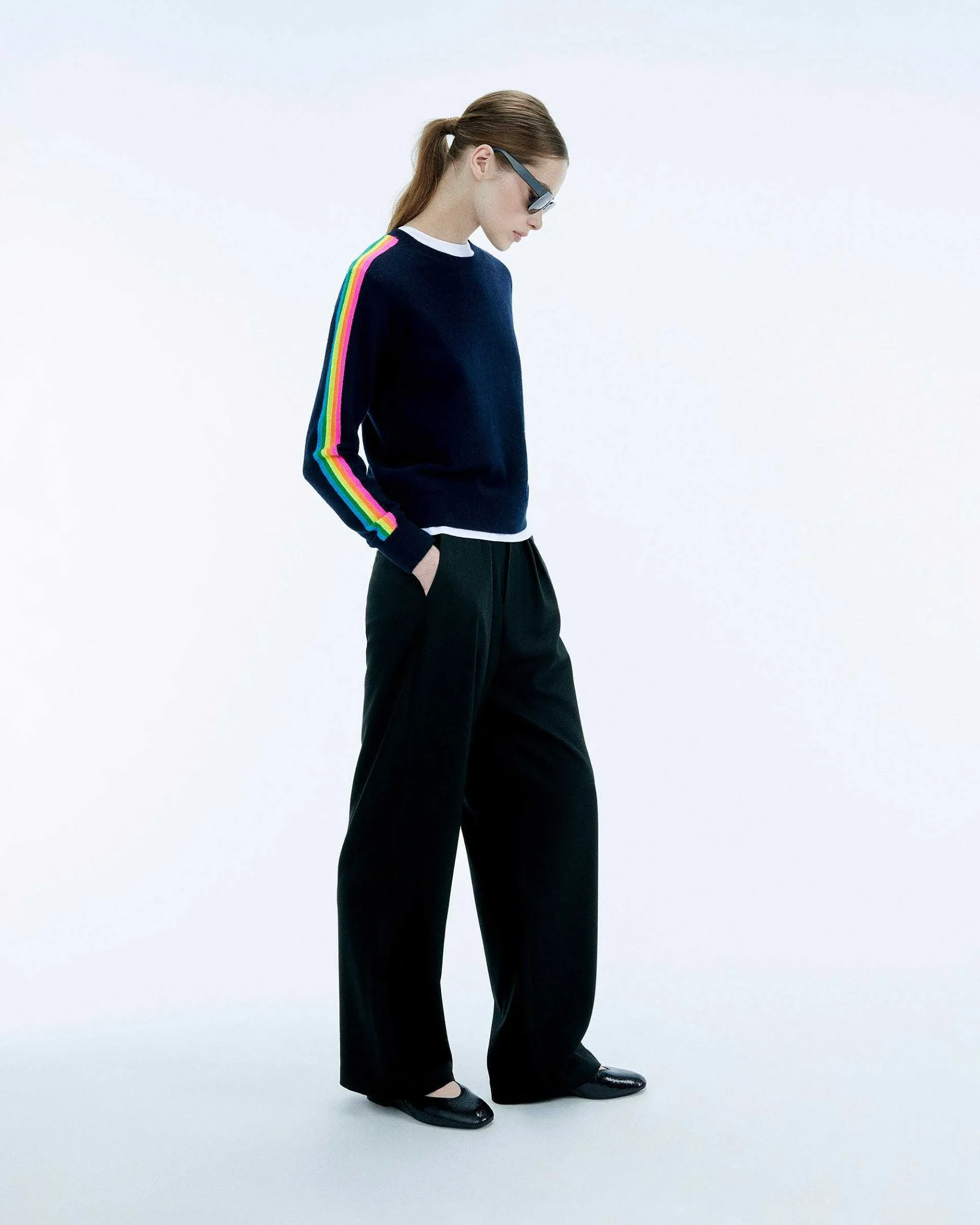 FROM FUTURE Pull Col Rond Bande Multicolore Aux Manches Tropical Blue