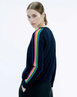 FROM FUTURE Pull Col Rond Bande Multicolore Aux Manches Tropical Blue