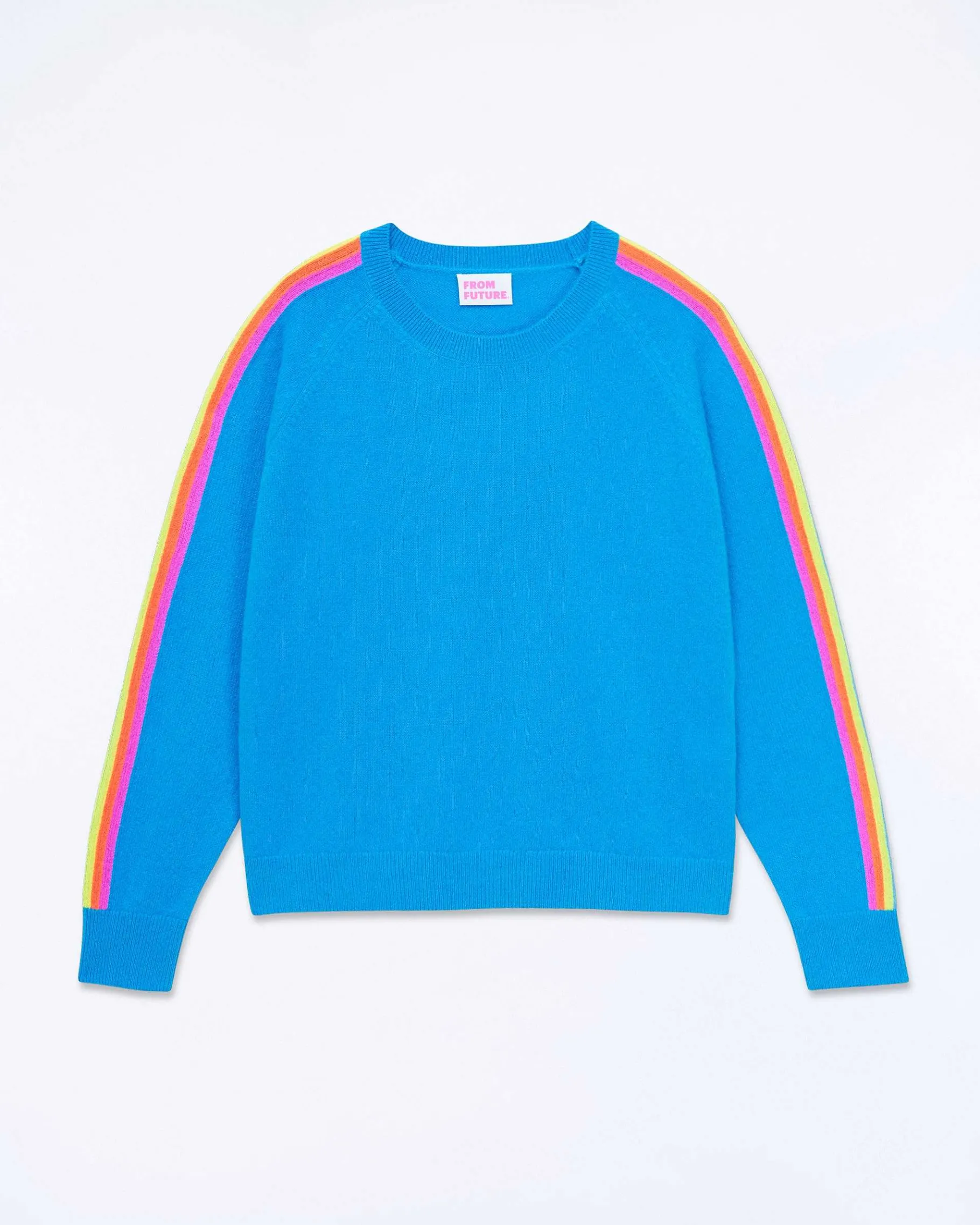 FROM FUTURE Pull Col Rond Bande Multicolore Aux Manches Tropical Blue