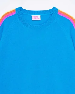 FROM FUTURE Pull Col Rond Bande Multicolore Aux Manches Tropical Blue