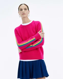 Sale FROM FUTURE Pull Col Rond Bande Multicolore Aux Manches Raspberry Pink