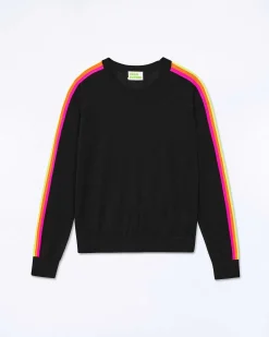 New FROM FUTURE Pull Col Rond Bande Multicolore Aux Manches Noir