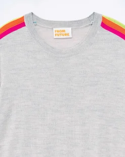 Hot FROM FUTURE Pull Col Rond Bande Multicolore Aux Manches Gris Chine Clair