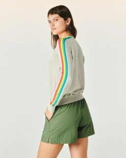 Hot FROM FUTURE Pull Col Rond Bande Multicolore Aux Manches Gris Chine Clair