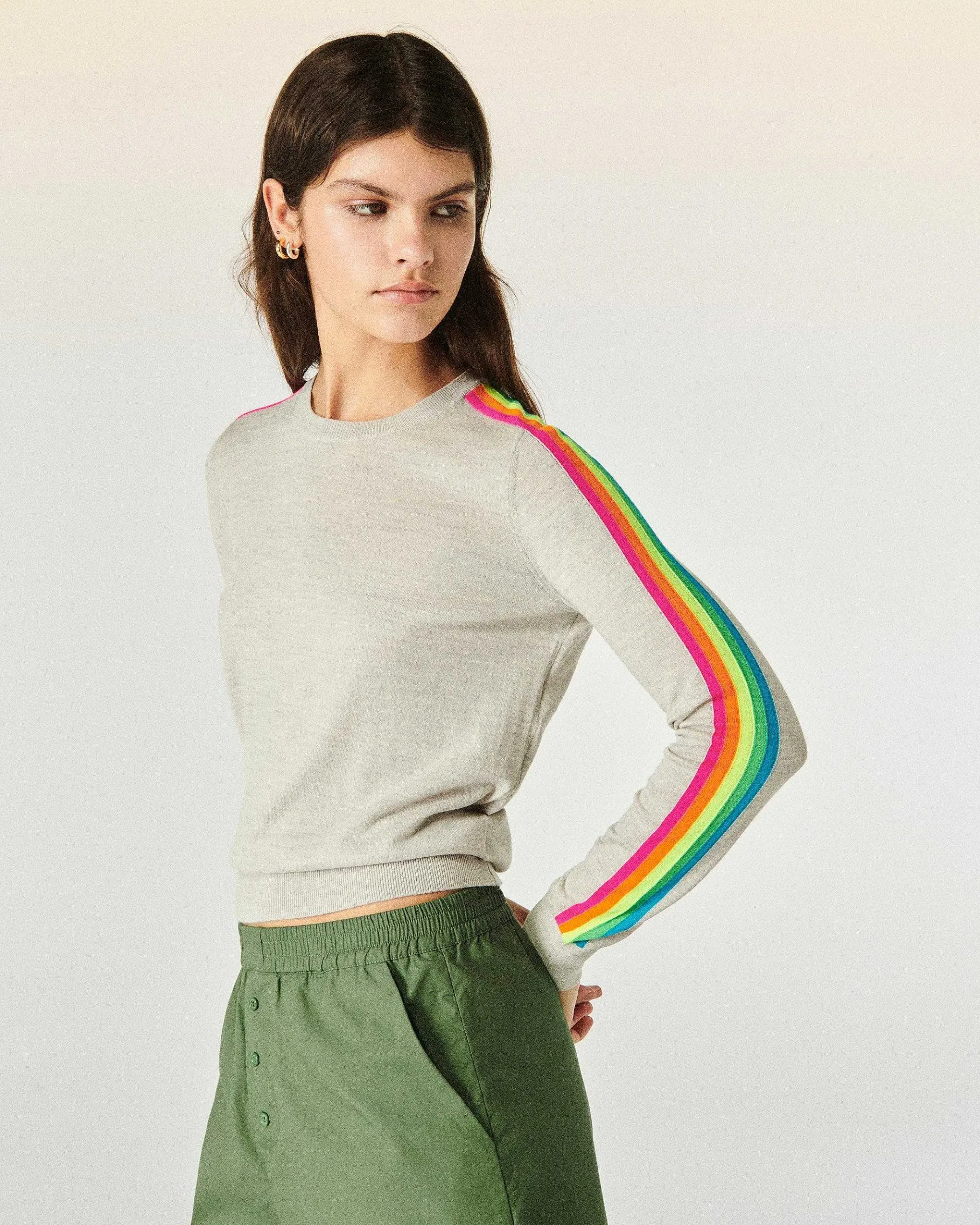 Hot FROM FUTURE Pull Col Rond Bande Multicolore Aux Manches Gris Chine Clair