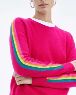 Best FROM FUTURE Pull Col Rond Bande Multicolore Aux Manches Raspberry Pink