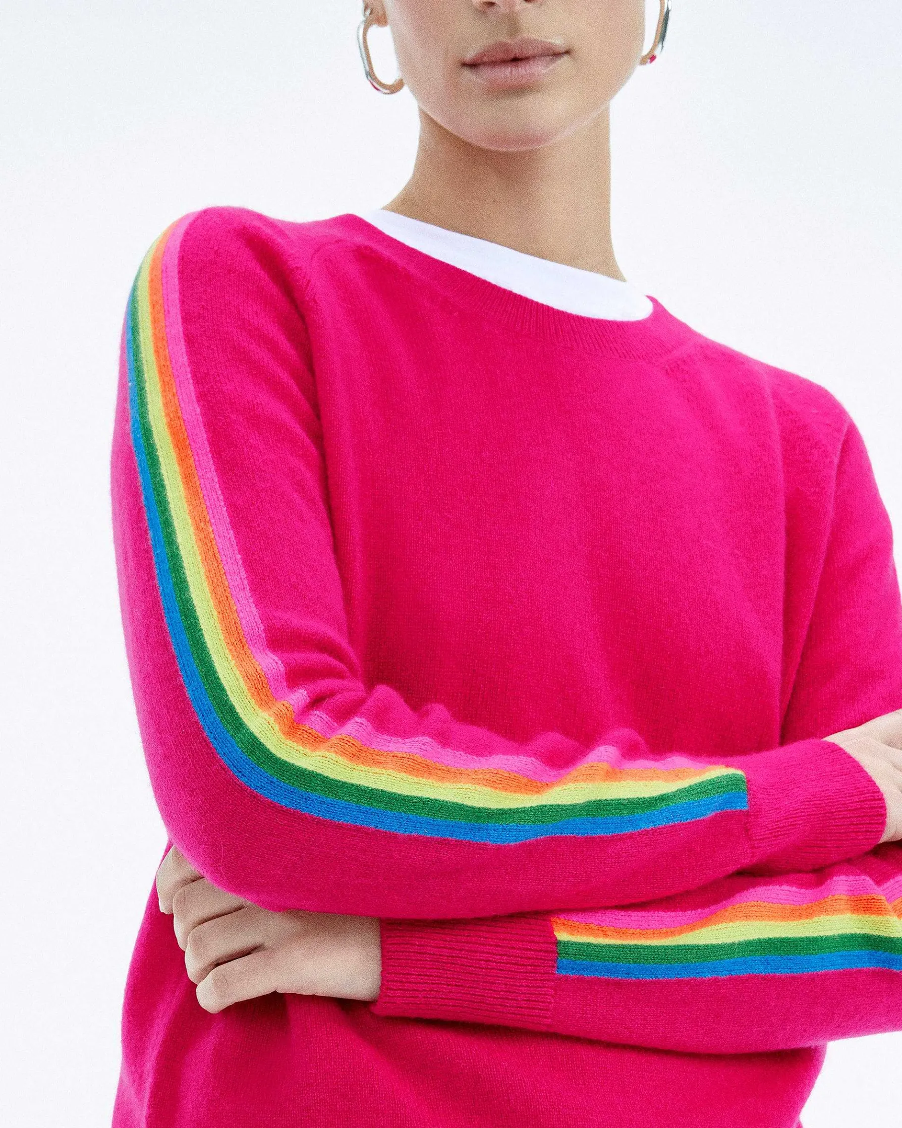 Best FROM FUTURE Pull Col Rond Bande Multicolore Aux Manches Raspberry Pink