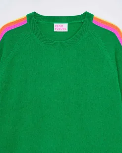 Discount FROM FUTURE Pull Col Rond Bande Multicolore Aux Manches Tropical Green