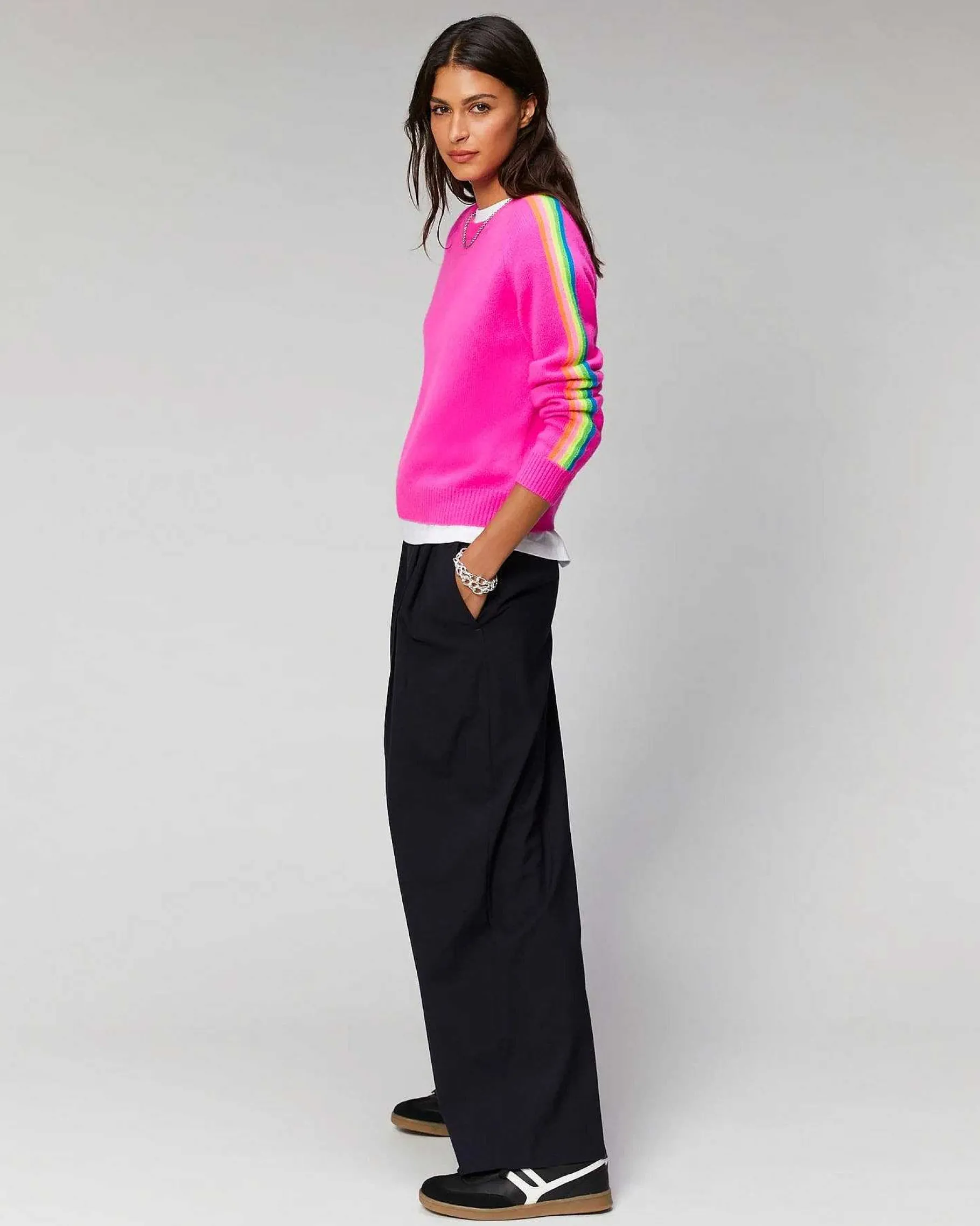 Clearance FROM FUTURE Pull Col Rond Bandes Manches Multicolore Disco Orange