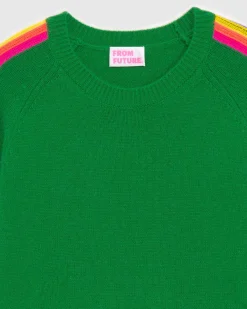 Discount FROM FUTURE Pull Col Rond Bandes Manches Multicolore Vert Gazon
