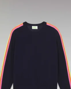 FROM FUTURE Pull Col Rond Bandes Manches Multico Navy