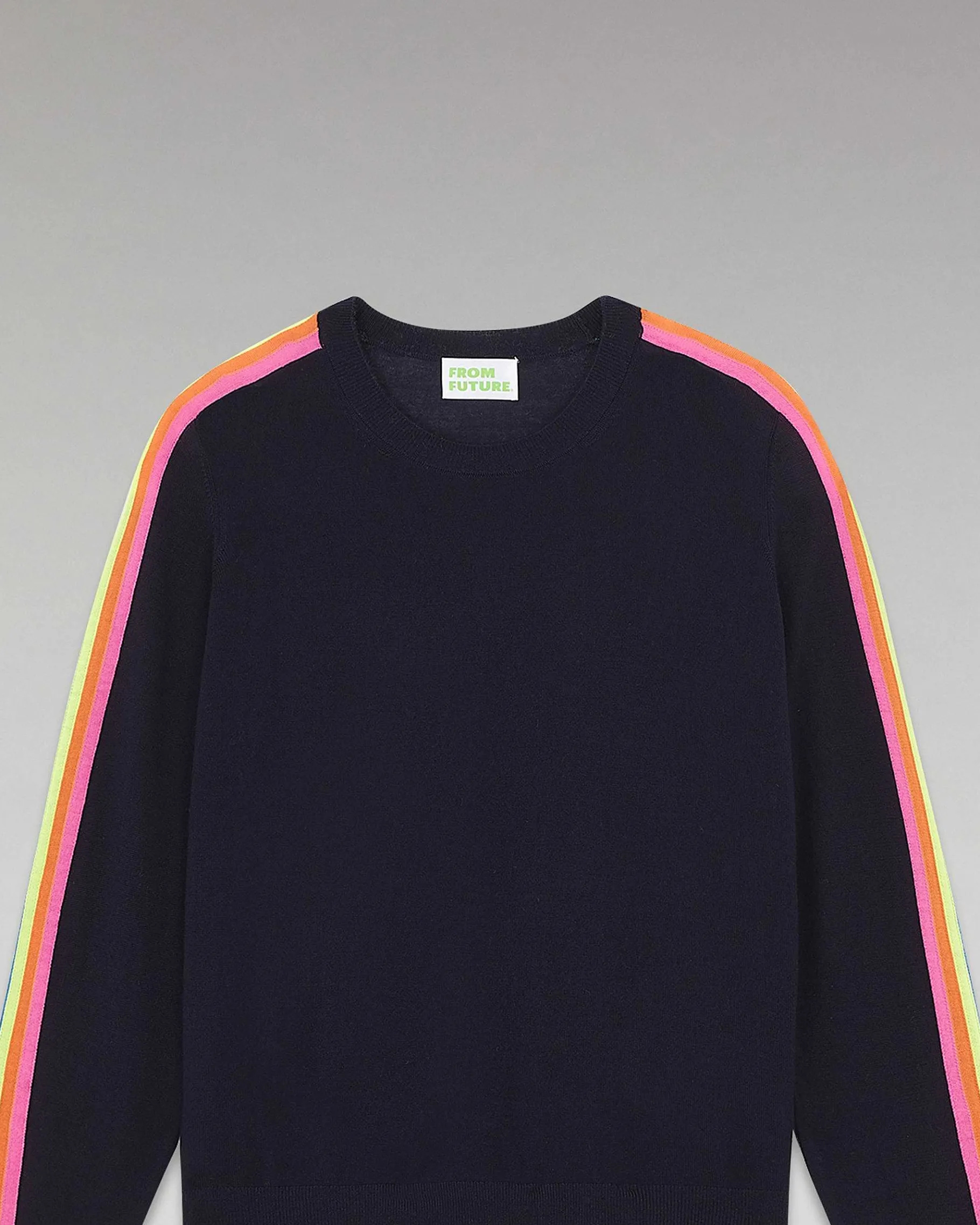 FROM FUTURE Pull Col Rond Bandes Manches Multico Navy