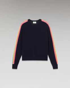 FROM FUTURE Pull Col Rond Bandes Manches Multico Navy