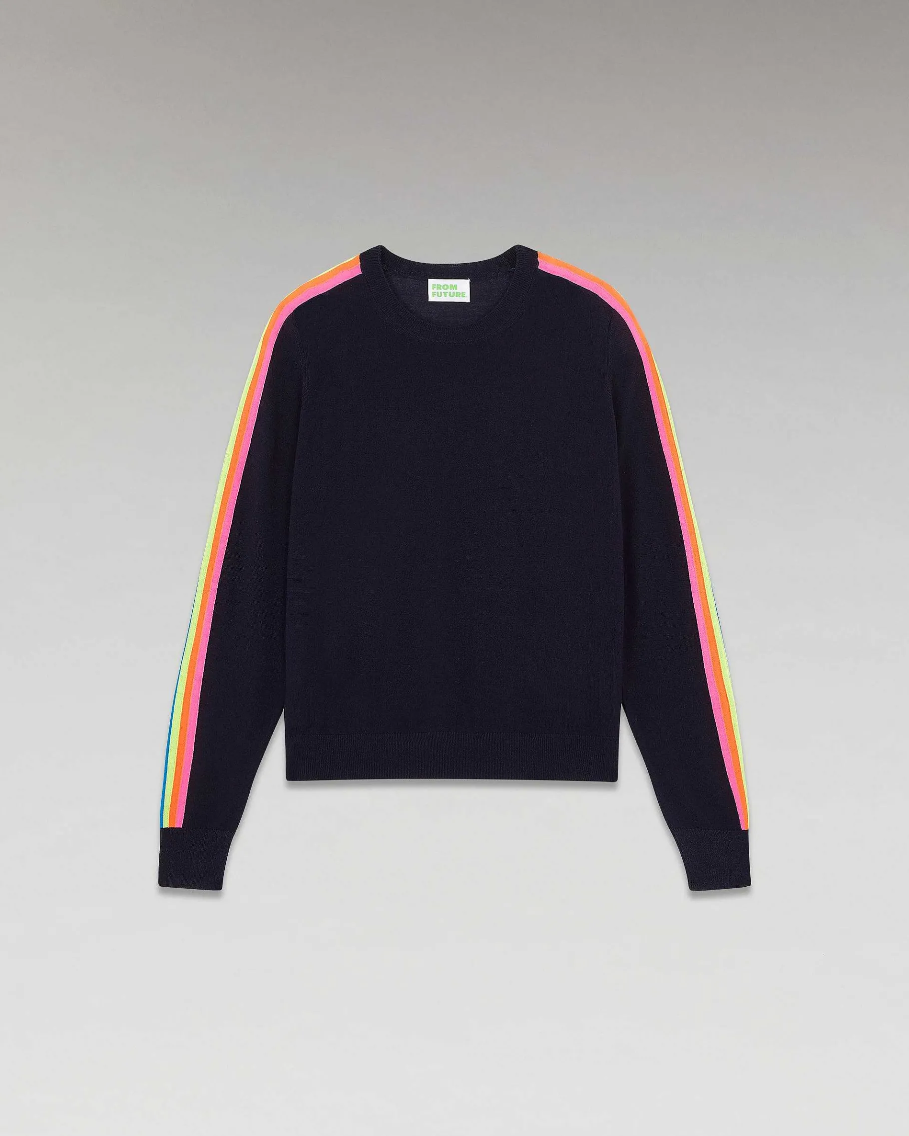 FROM FUTURE Pull Col Rond Bandes Manches Multico Navy