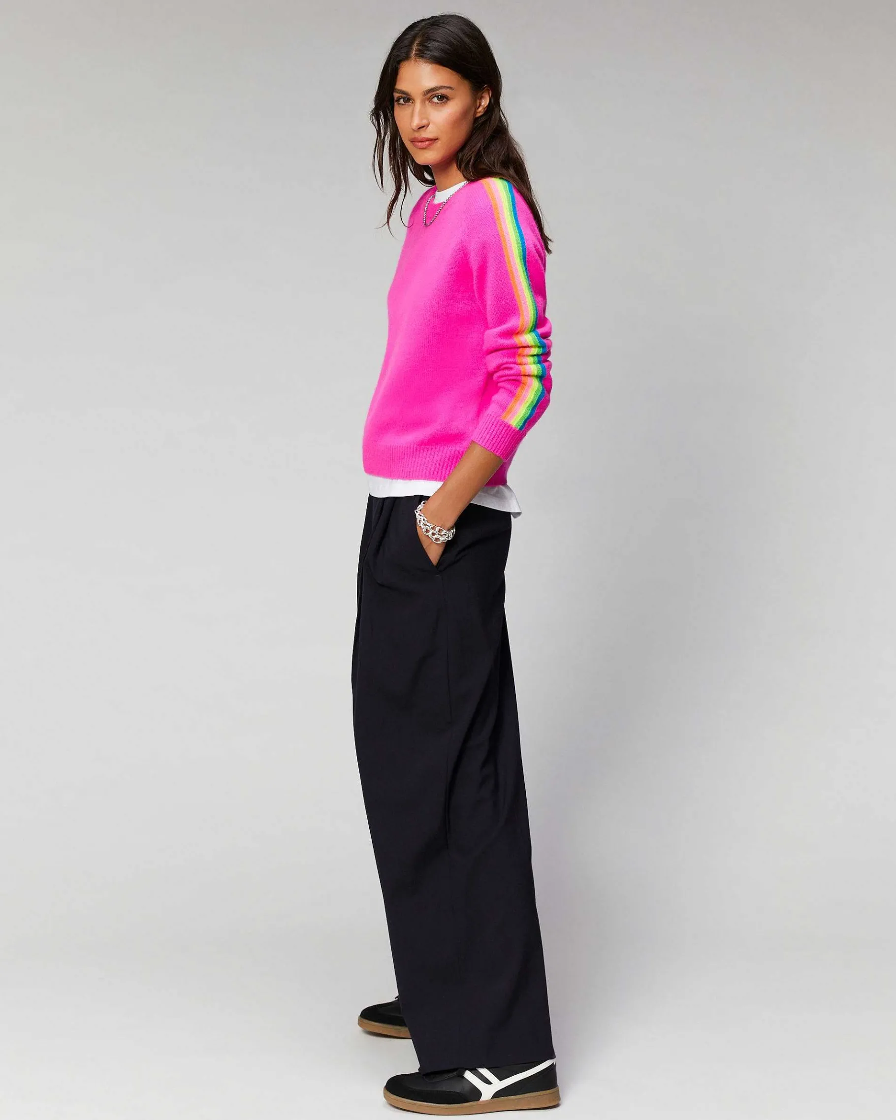FROM FUTURE Pull Col Rond Bandes Manches Multicolore Vert Gazon
