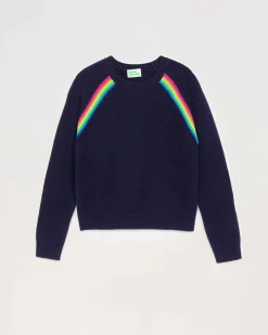 Hot FROM FUTURE Pull Col Rond Bandes Multicolore Raglan Navy