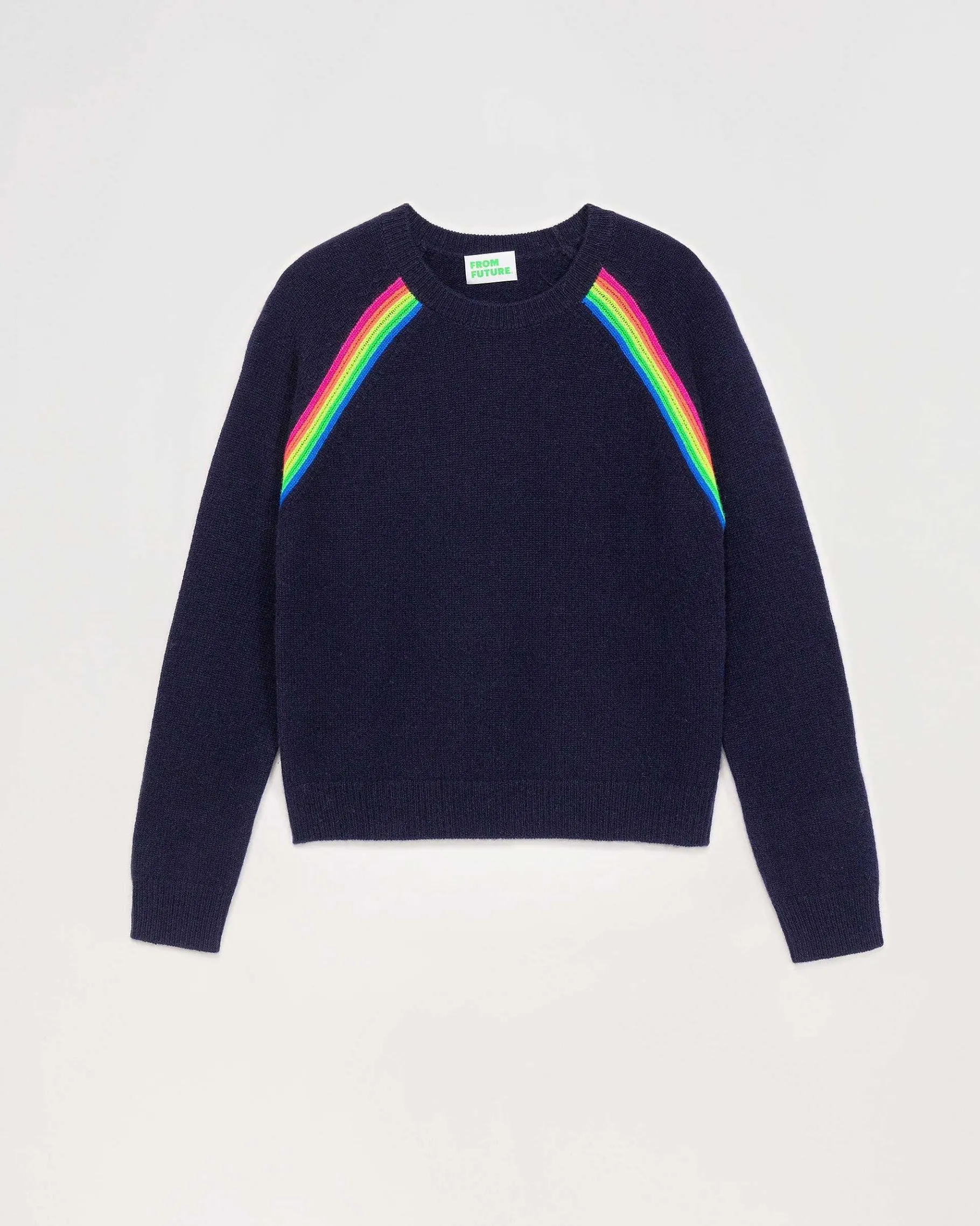 FROM FUTURE Pull Col Rond Bandes Multicolore Raglan Navy