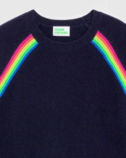 FROM FUTURE Pull Col Rond Bandes Multicolore Raglan Navy