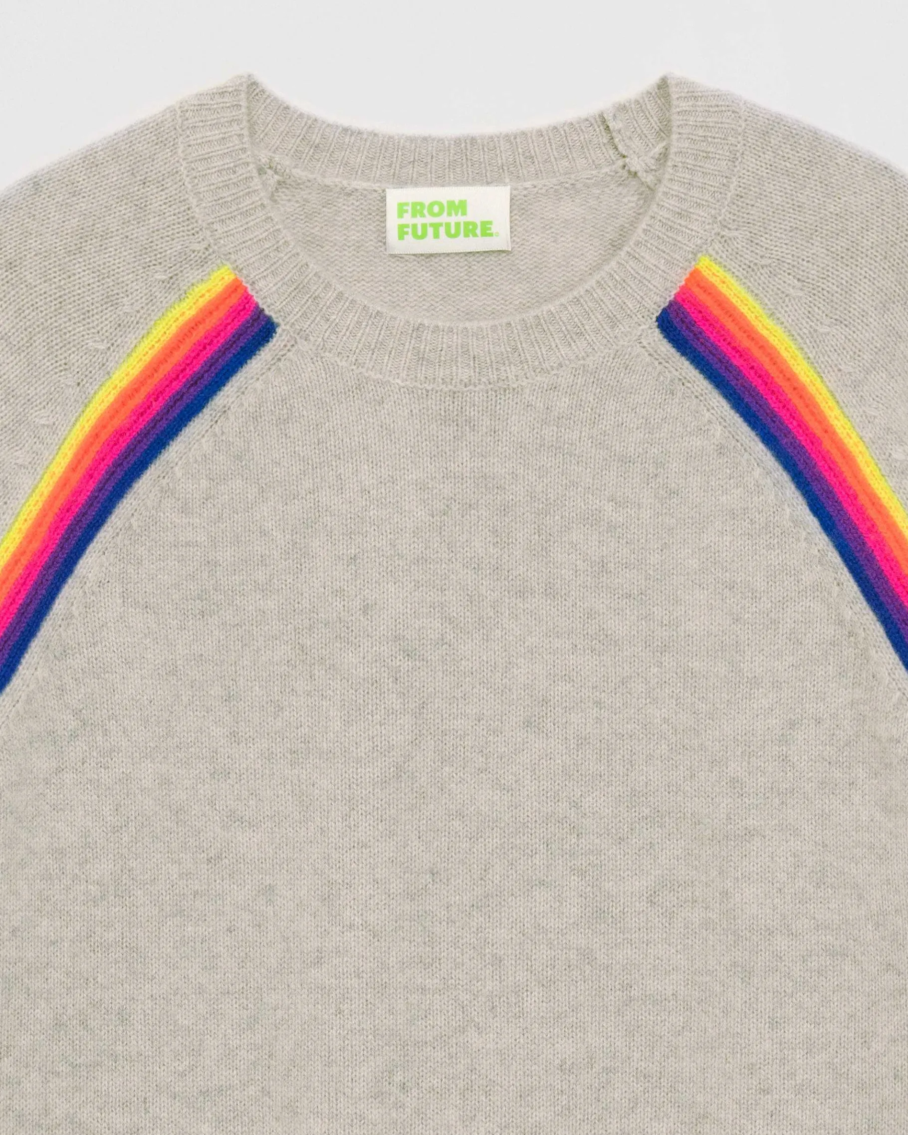 New FROM FUTURE Pull Col Rond Bandes Multicolore Raglan Gris Chine Clair