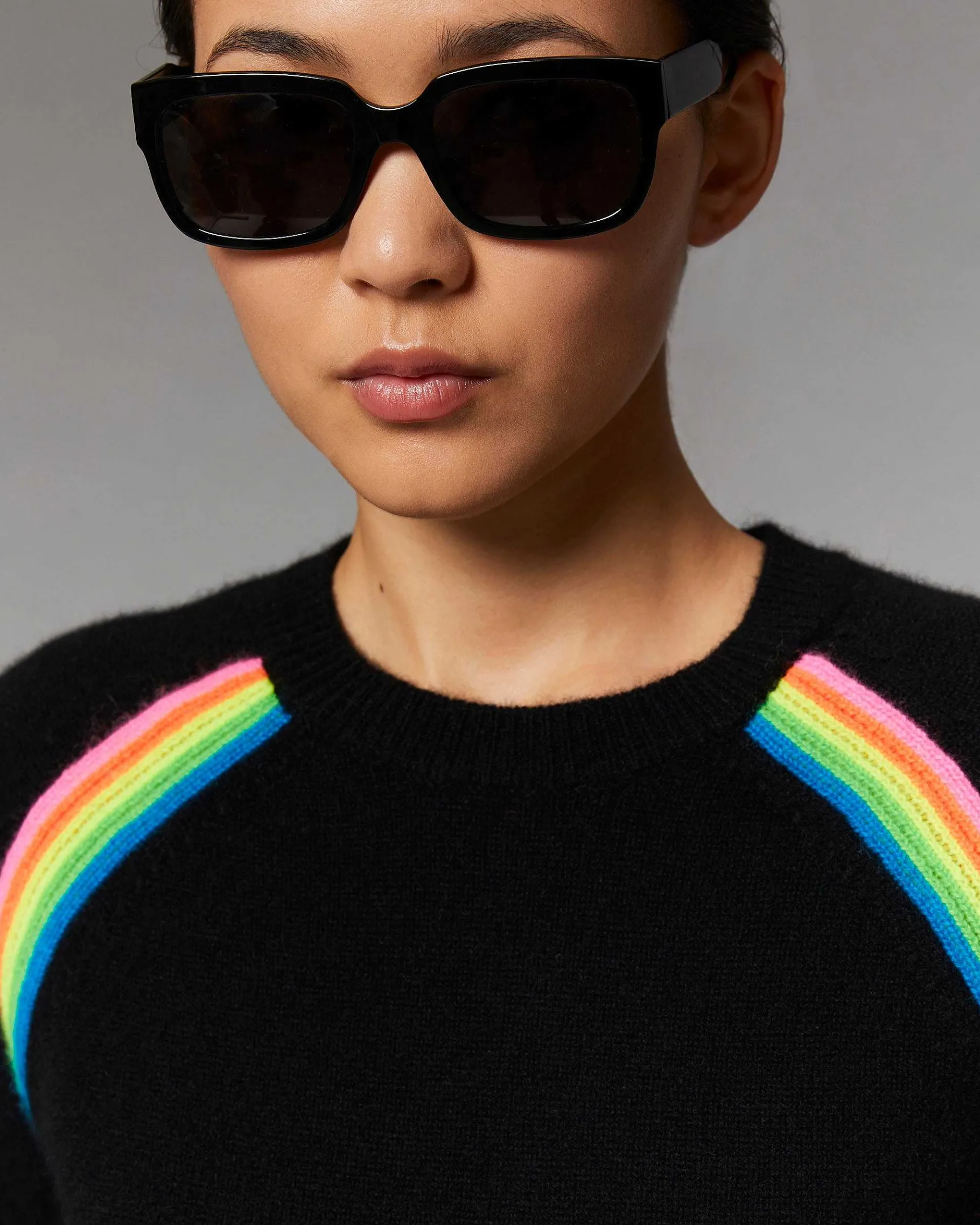 Hot FROM FUTURE Pull Col Rond Bandes Multico Raglan Gris Chine Fonce