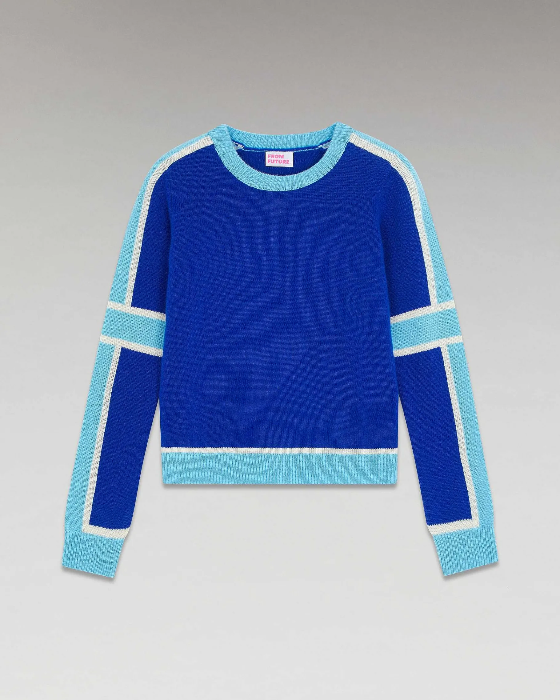 Outlet FROM FUTURE Pull Col Rond Bandes Tricolore Pop Blue