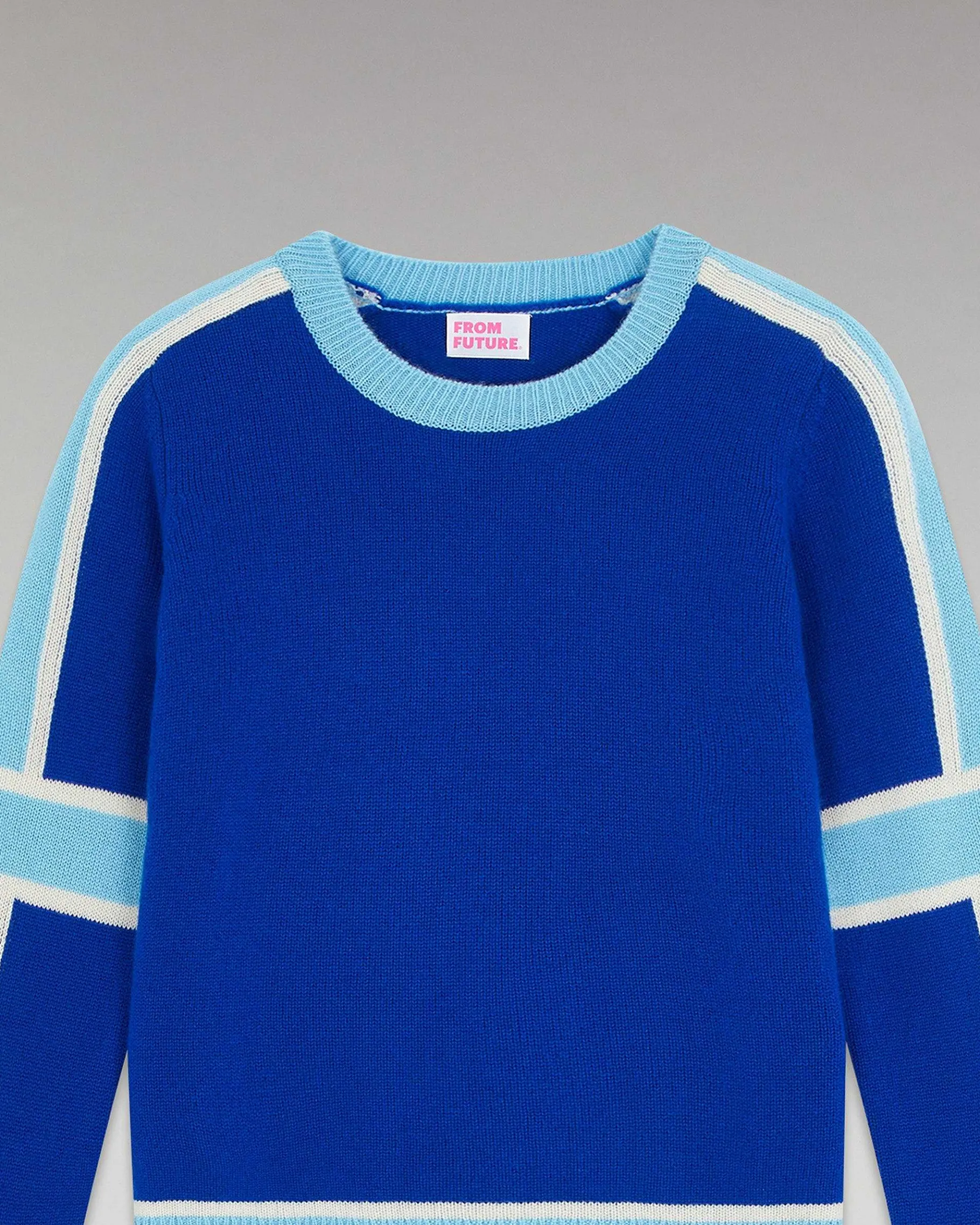 Outlet FROM FUTURE Pull Col Rond Bandes Tricolore Pop Blue