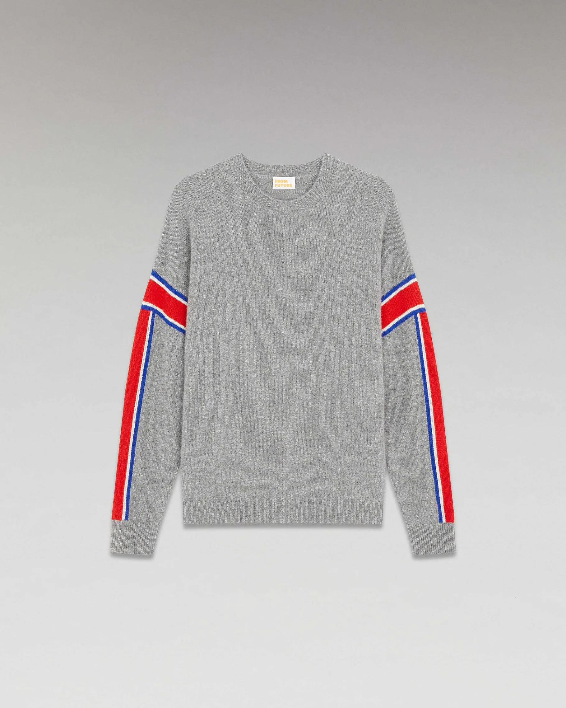 Sale FROM FUTURE Pull Col Rond Bandes Tricolore Gris Chine Fonce