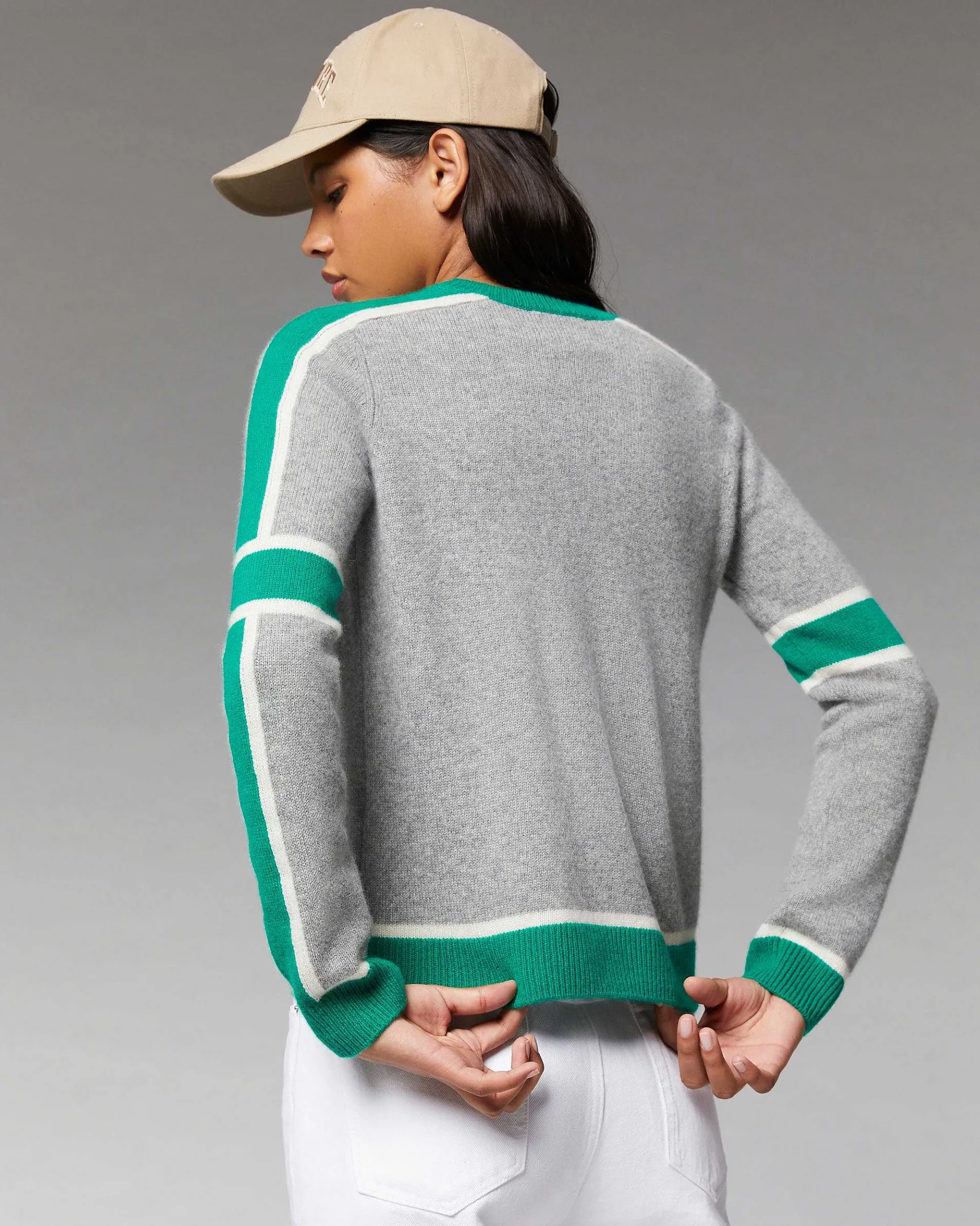 Discount FROM FUTURE Pull Col Rond Bandes Tricolore Gris Chine Fonce
