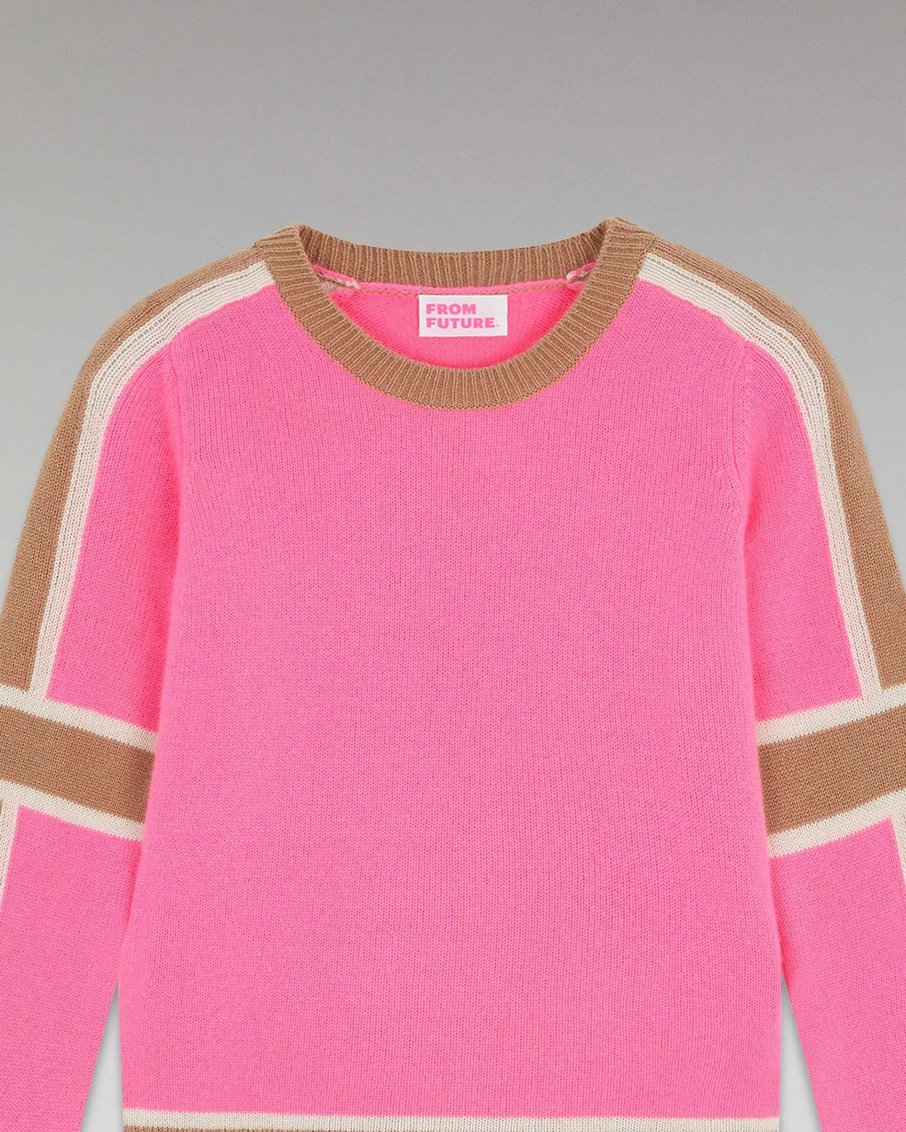 Online FROM FUTURE Pull Col Rond Bandes Tricolore Sparkle Pink
