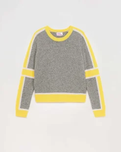 FROM FUTURE Pull Col Rond Bandes Tricolore Gris Chine Fonce