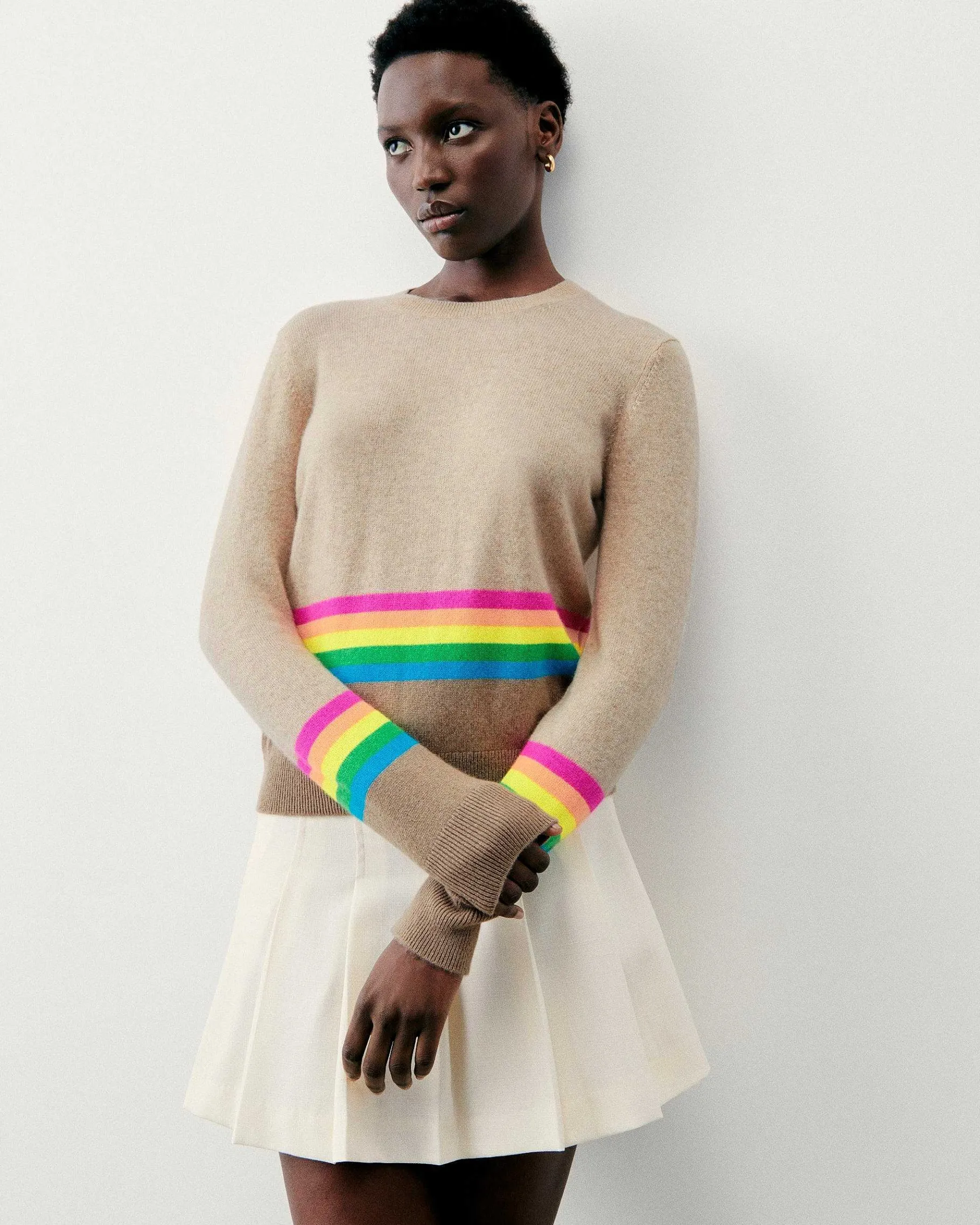 Outlet FROM FUTURE Pull Col Rond Bas A Bandes Multicolores Beige Chine