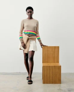 Clearance FROM FUTURE Pull Col Rond Bas A Bandes Multicolores Beige Chine