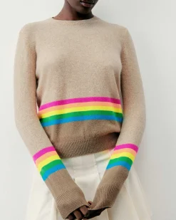 Clearance FROM FUTURE Pull Col Rond Bas A Bandes Multicolores Beige Chine