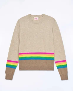 Clearance FROM FUTURE Pull Col Rond Bas A Bandes Multicolores Beige Chine
