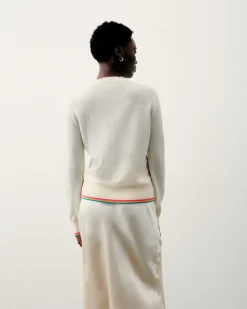 Clearance FROM FUTURE Pull Col Rond Bas Liseret Multicolore Ecru