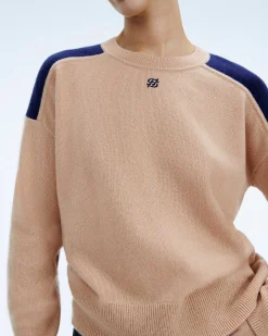 Discount FROM FUTURE Pull Col Rond Bicolore Et Broderie Tropical Camel