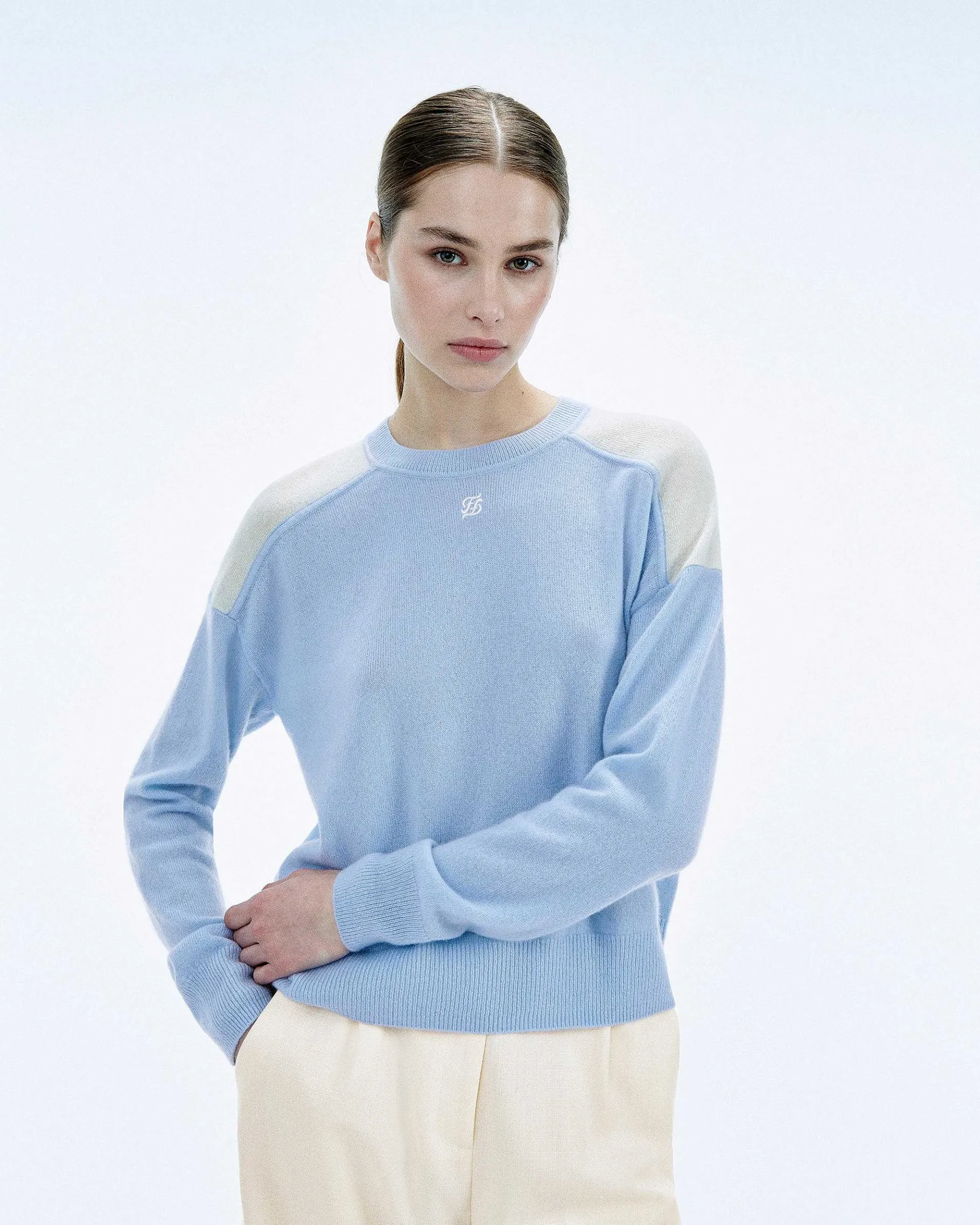 FROM FUTURE Pull Col Rond Bicolore Et Broderie Baby Blue