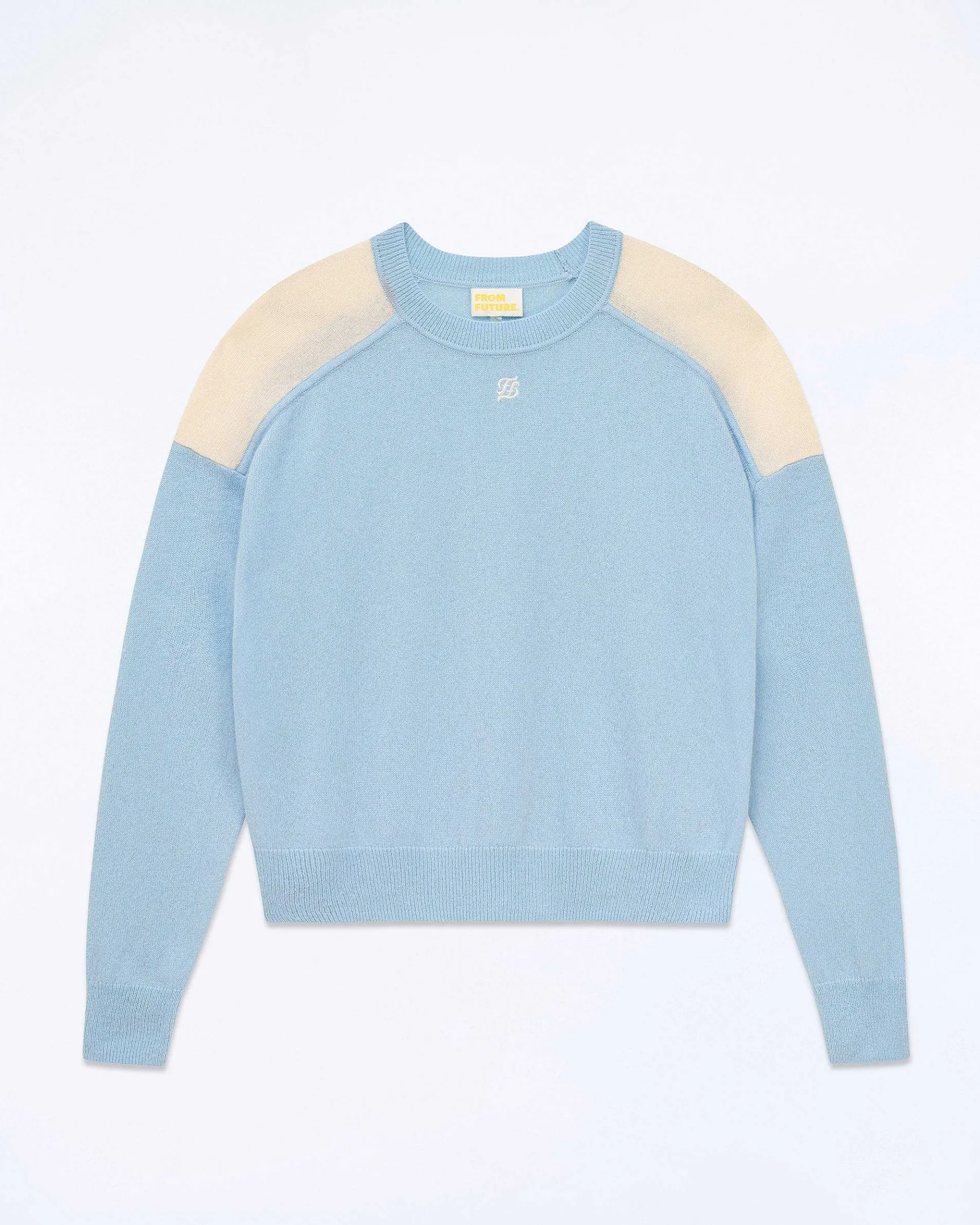 FROM FUTURE Pull Col Rond Bicolore Et Broderie Baby Blue