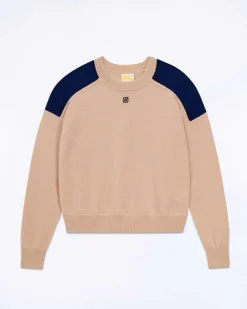 Hot FROM FUTURE Pull Col Rond Bicolore Et Broderie Tropical Camel