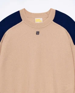Hot FROM FUTURE Pull Col Rond Bicolore Et Broderie Tropical Camel