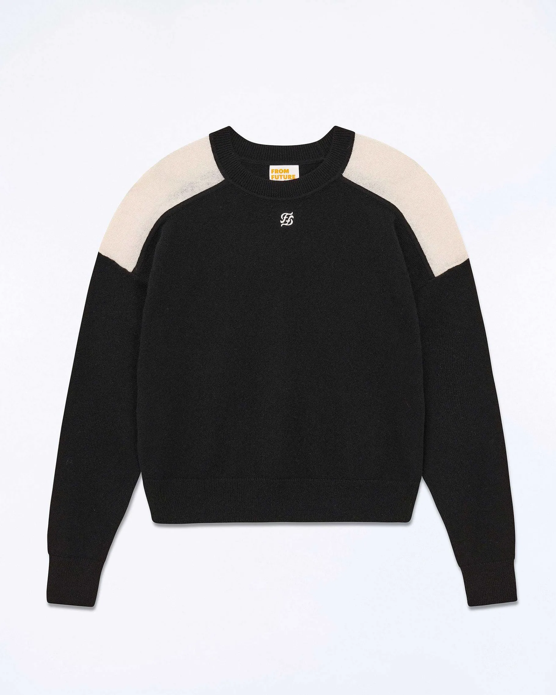 New FROM FUTURE Pull Col Rond Bicolore Et Broderie Noir