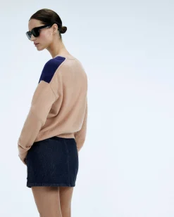New FROM FUTURE Pull Col Rond Bicolore Et Broderie Noir