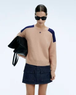 New FROM FUTURE Pull Col Rond Bicolore Et Broderie Noir
