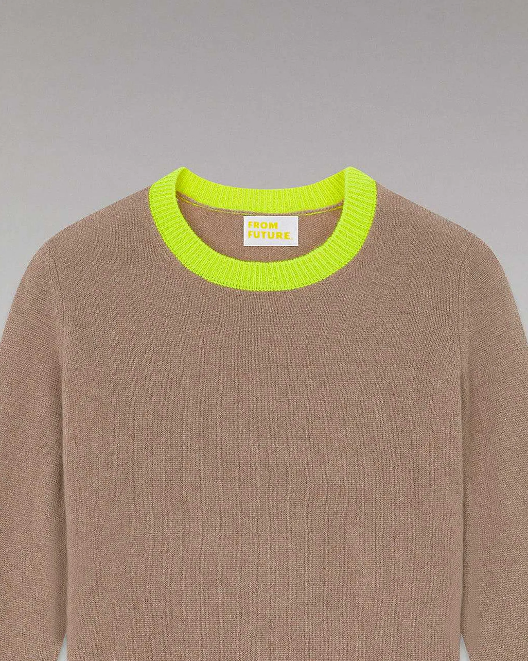 New FROM FUTURE Pull Col Rond Bicolore Leger Taupe